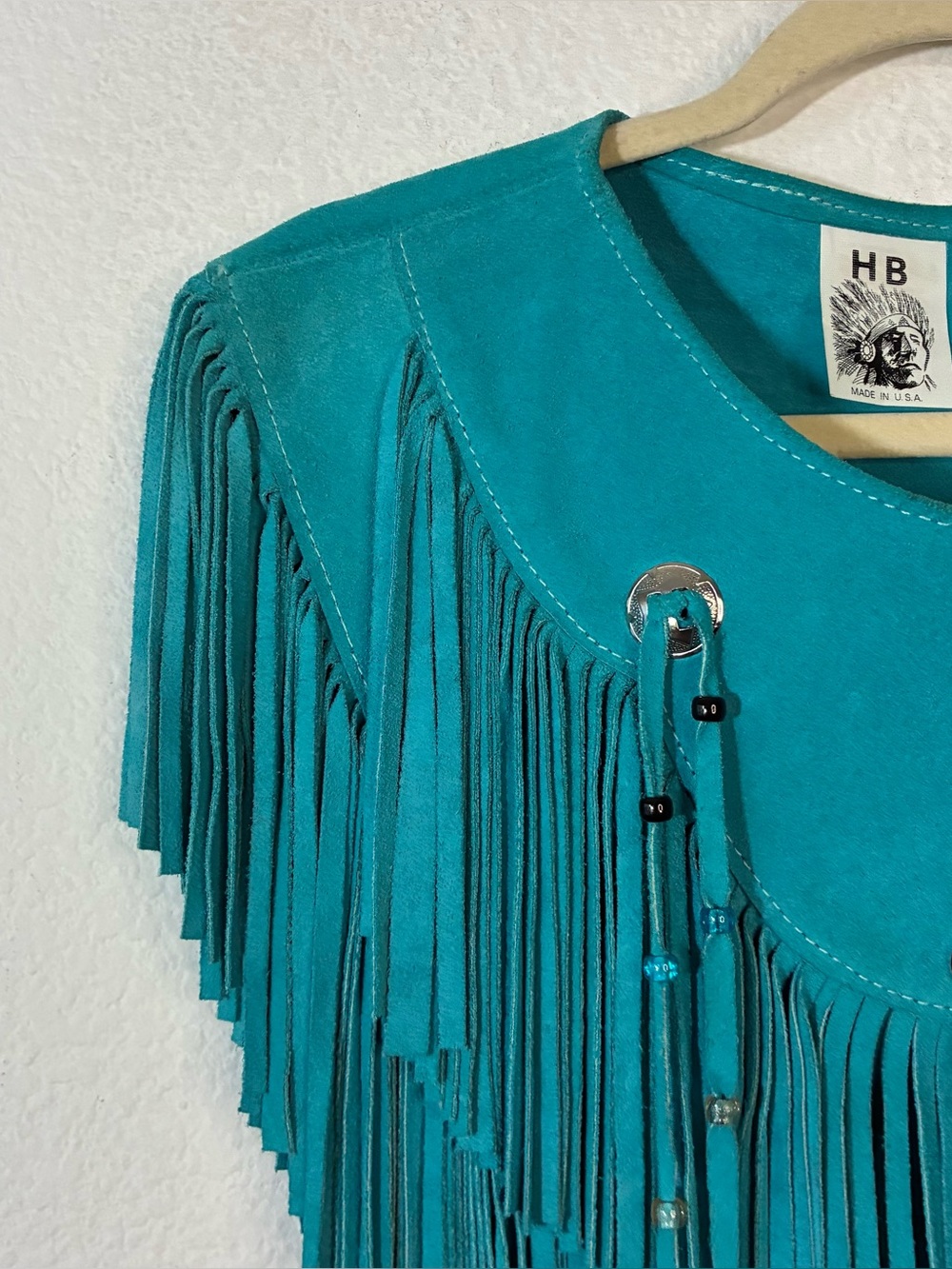 VINTAGE  HB TURQUOISE LEATHER FRINGE PONCHO - Picture 4 of 9